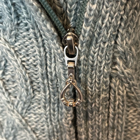 NWT Original Aran Co. Teal Cable Knit Asymmetric Zip Funnel Neck Wool Cardigan S - Picture 6 of 10